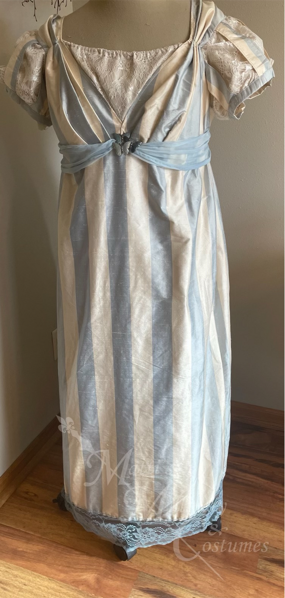 Jane Austen Dress Ballgown Regency w FREE broach , selling Ivory Silk Cotton (36 B/C cup) Front Crossover Design PETITE LENGTH