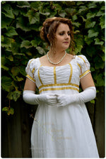 Load image into Gallery viewer, White Gold Cotton Jane Austen Style REGENCY Ball Day Gown Ball Dress front
