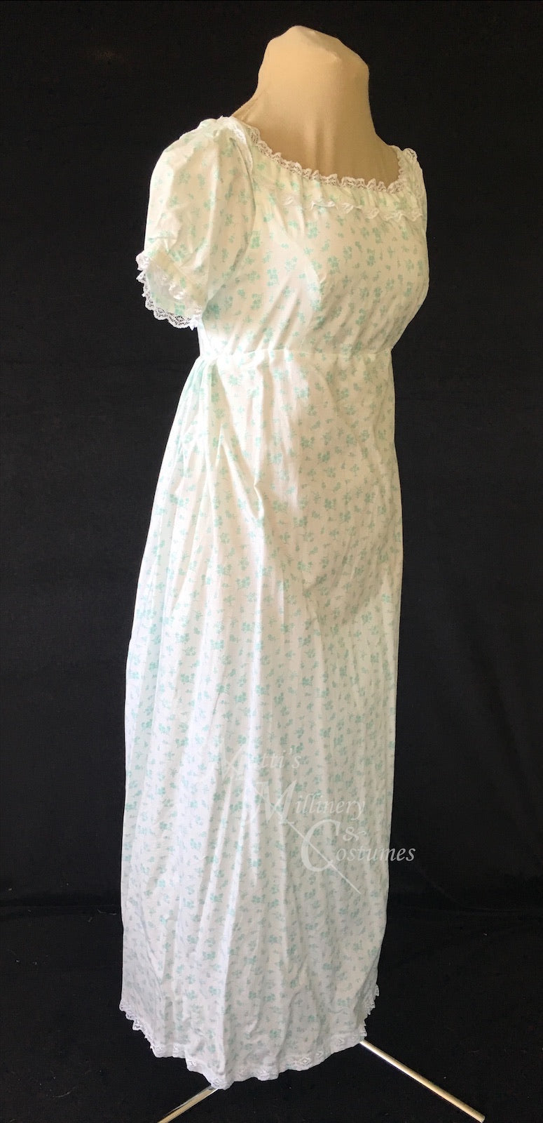 Cotton Regency Jane Austen Day Dress in mint green sprig print