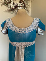 Load image into Gallery viewer, Teal Silver Elegant Regency Jane Austen Ball Gown Evening Dress in silk dupioni &amp; sari silk
