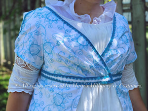 Teal White Regency Court Jane Austen Day Dress Open Robe Pelisse