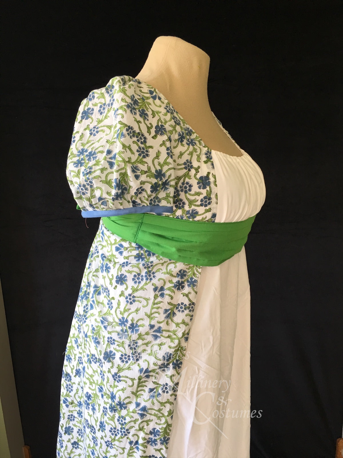 Blue Green Madeline Block Print Cotton Jane Austen Regency Day Dress Gown