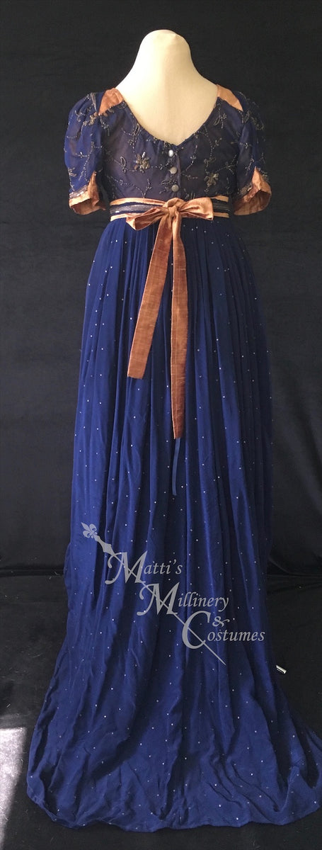 Jane Austen Regency Day Dress in navy blue and gold silk sari – Matti's Millinery & Costumes