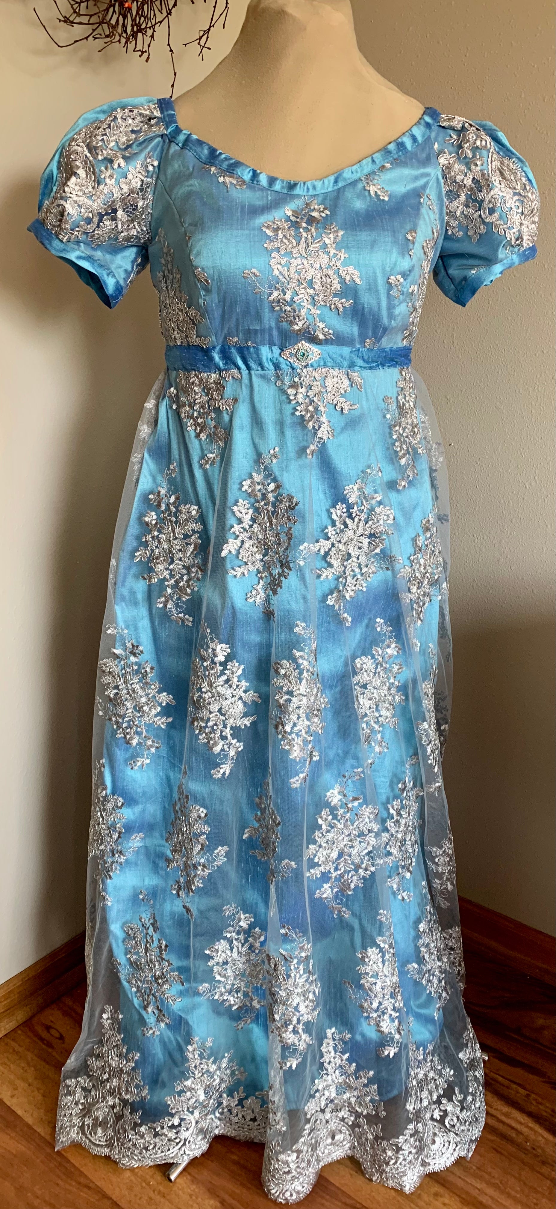 CUSTOM Silver BLUE Elegant Lace Net Regency Jane Austen Ball Dress Gown