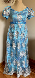 Load image into Gallery viewer, CUSTOM Silver BLUE Elegant Lace Net Regency Jane Austen Ball Dress Gown
