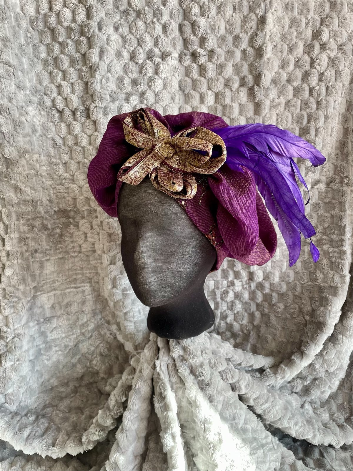 Regency pur Purple Gold Jane Austen Hat Muffin Cap Tam Beret Turban hairpiece Ball headpiece