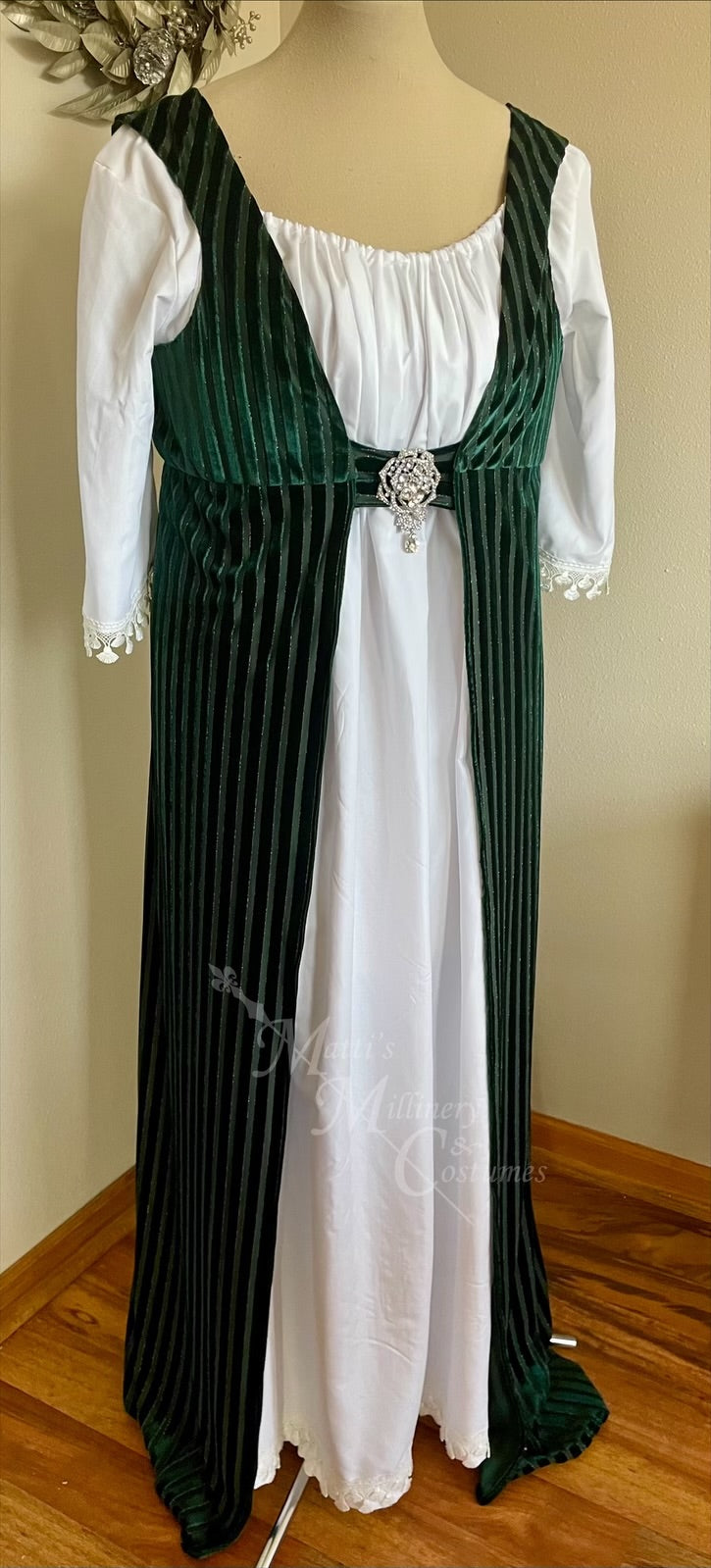 Green Velvet Regency Court Jane Austen Day Dress Open Robe Pelisse