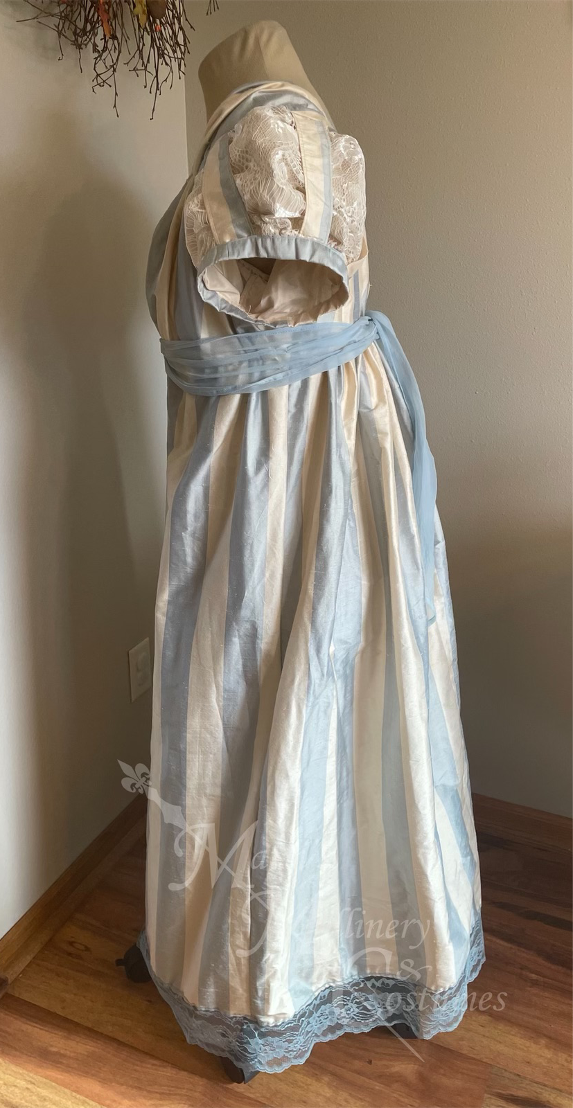 Blue Ivory Plus Size Regency Butterfly Jane Austen Ball Gown Evening Dress in silk dupioni