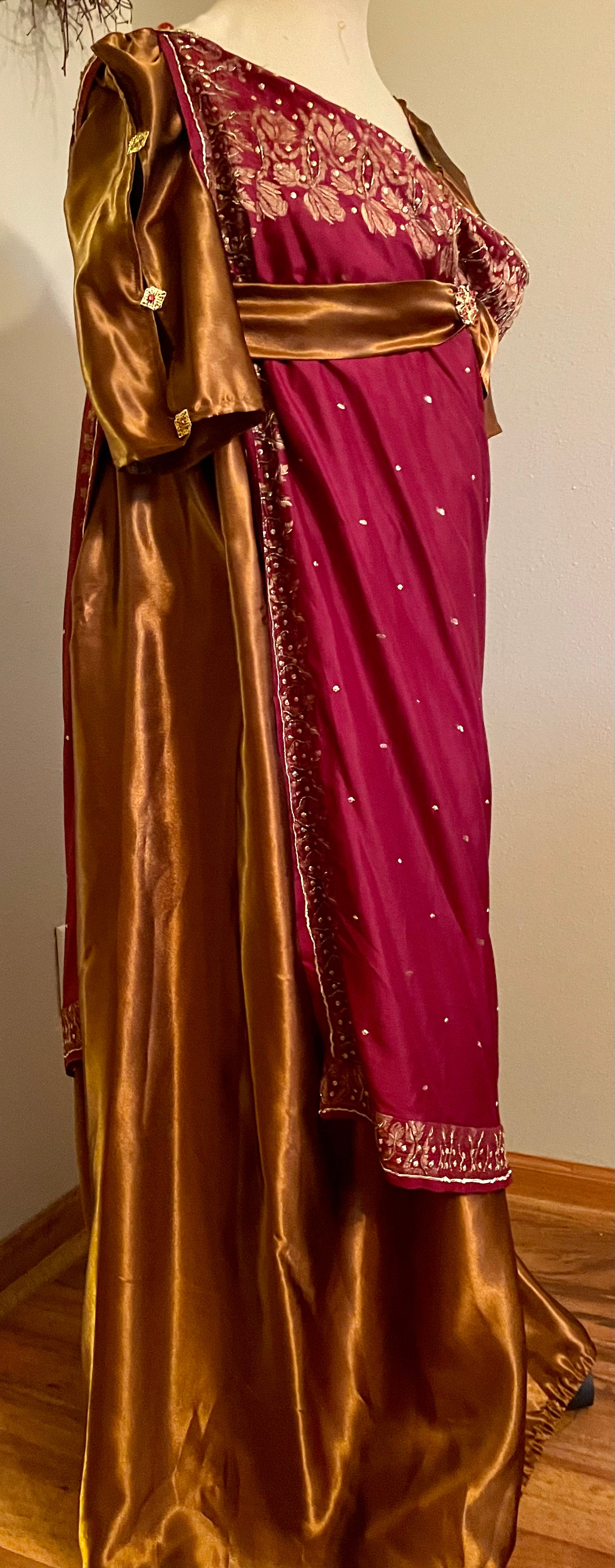 Burgundy Sari Copper Satin Regency Jane Austen Ball Gown Evening Dress