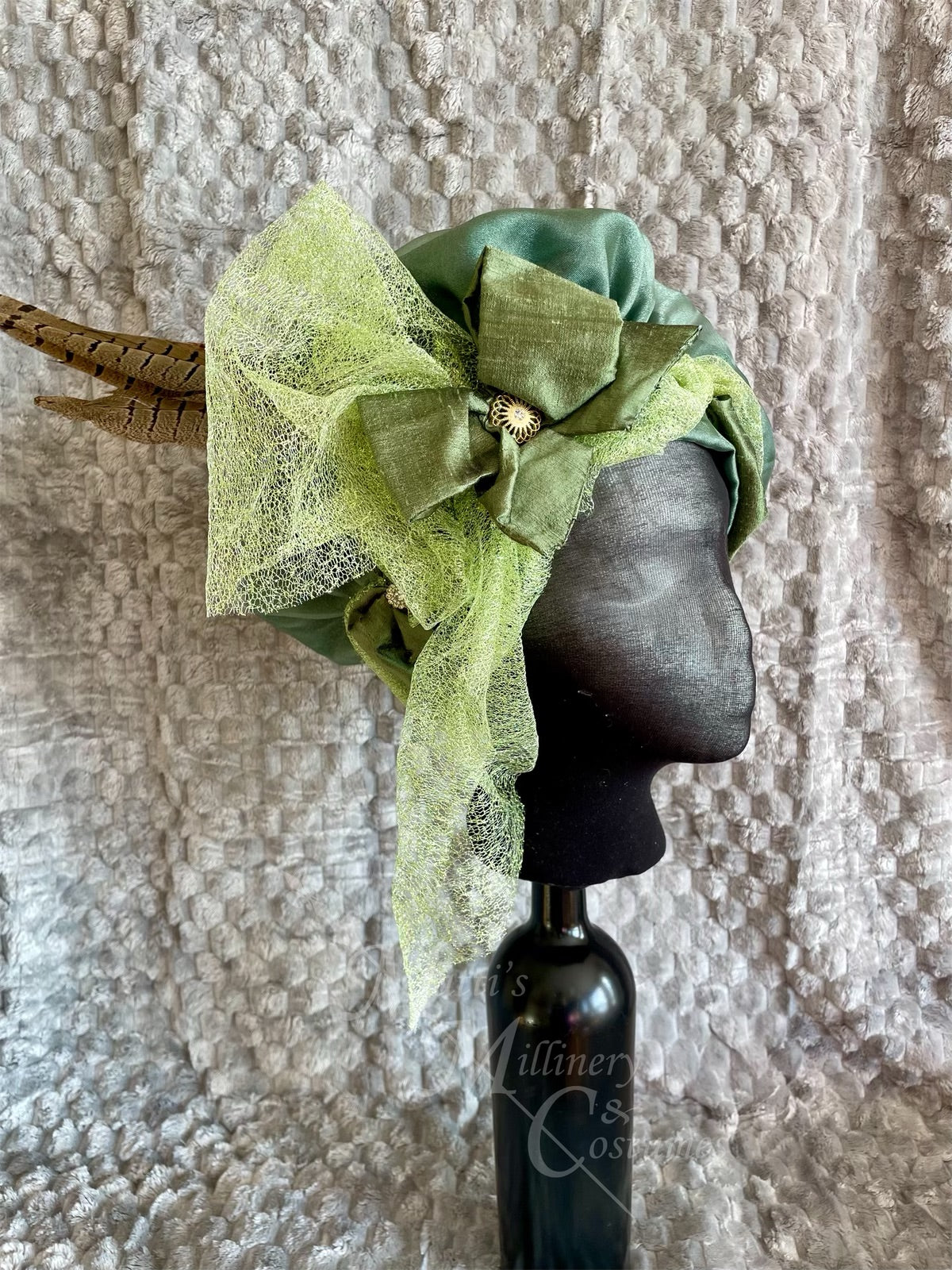 Regency Green Gold Jane Austen Hat Muffin Cap Tam Beret Turban hairpiece Ball headpiece