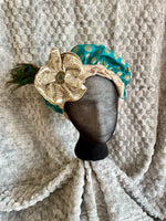 Load image into Gallery viewer, Regency Teal Gold White Jane Austen Hat Muffin Cap Tam Beret Turban hairpiece Ball headpiece
