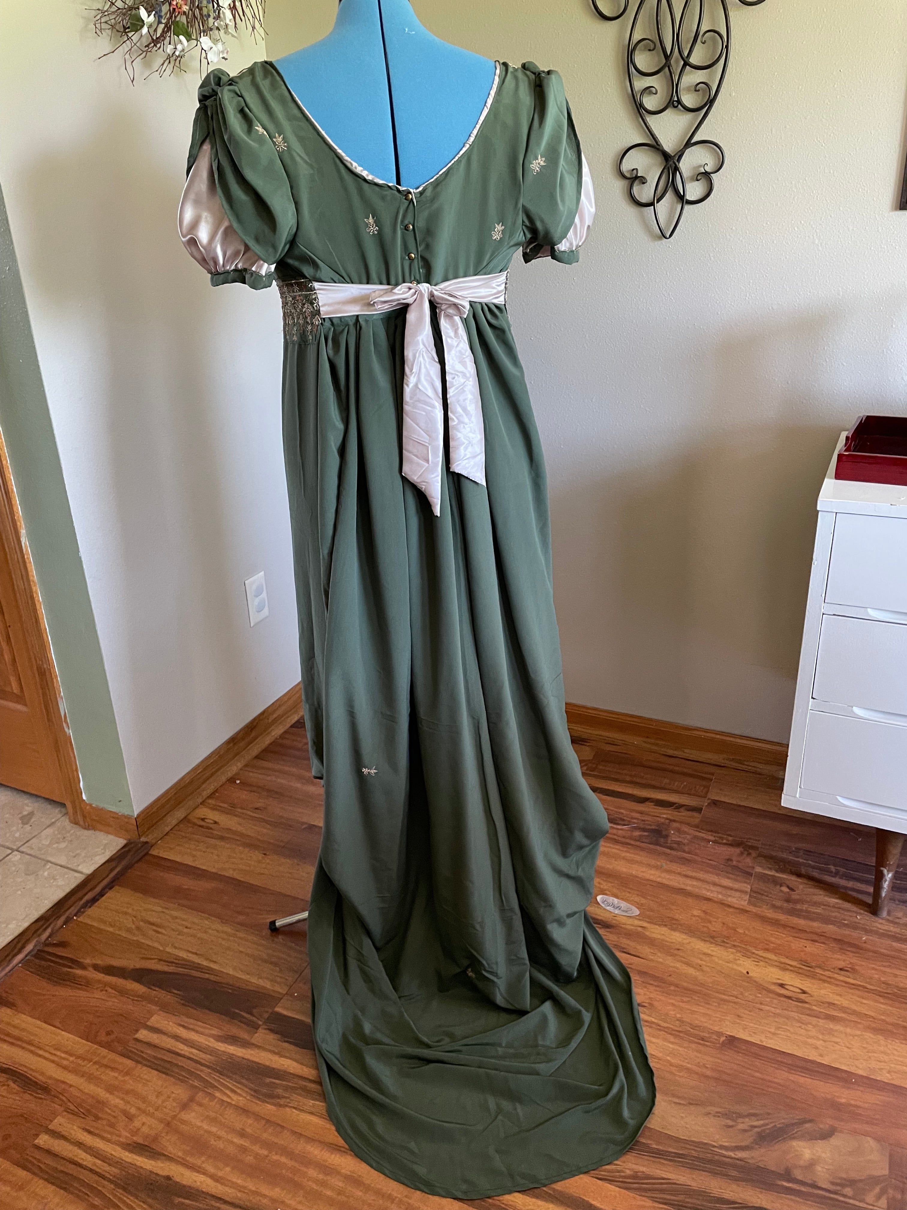 Greeen Regency Jane Austen Ball Gown Evening Dress in silk dupioni & sari silk