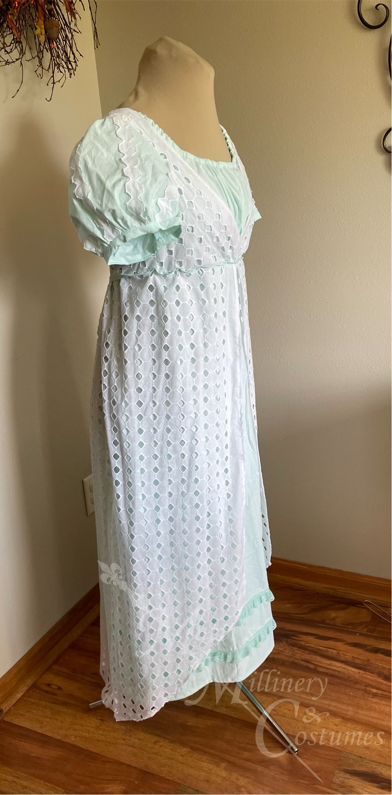 Aqua White Elegant Eyelet Cotton Regency Jane Austen Day Dress Gown