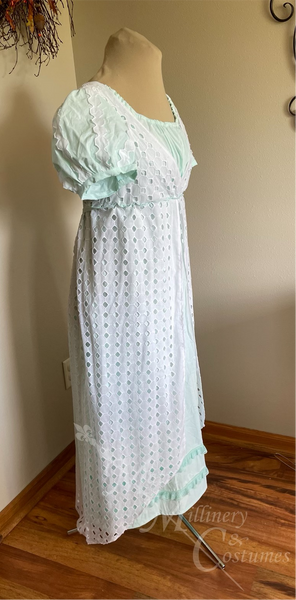Aqua White Elegant Eyelet Cotton Regency Jane Austen Day Dress Gown – Matti's Millinery & Costumes Aqua White Elegant Eyelet Cotton Regency Jane Austen Day Dress Gown – Matti's Millinery & Costumes