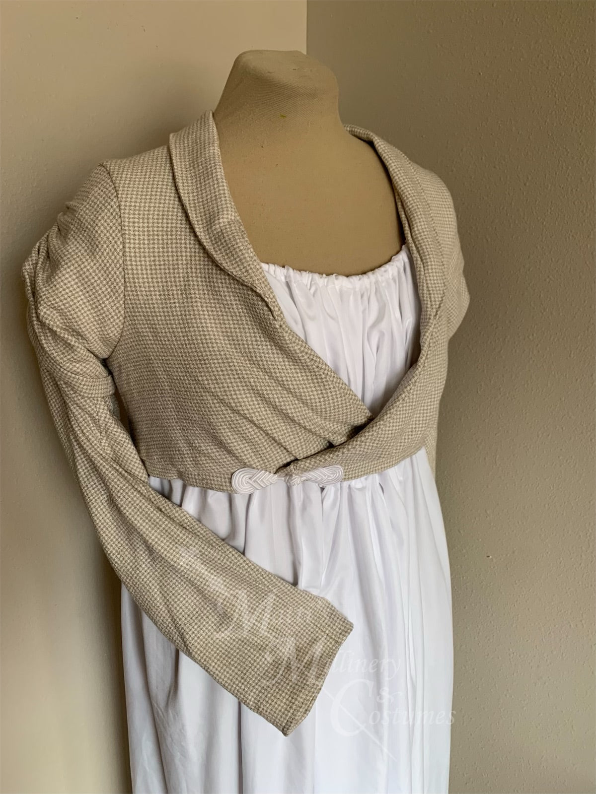 Tan Check Raw Silk Regency Jane Austen Day Dress Spencer Short Jacket Pelisse