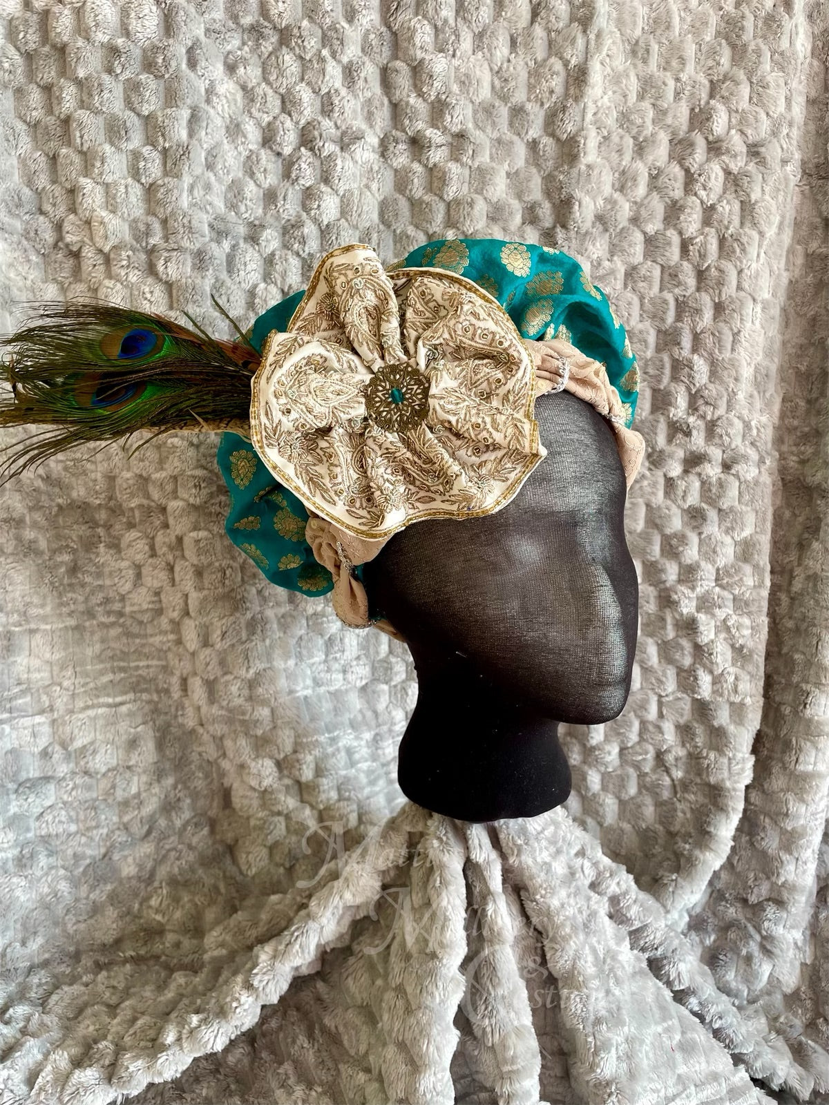 Regency Teal Gold White Jane Austen Hat Muffin Cap Tam Beret Turban hairpiece Ball headpiece