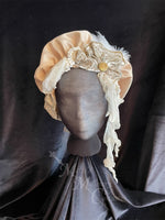 Load image into Gallery viewer, Regency Gold Cream Jane Austen Hat Muffin Cap Tam Beret Turban hairpiece Ball headpiece
