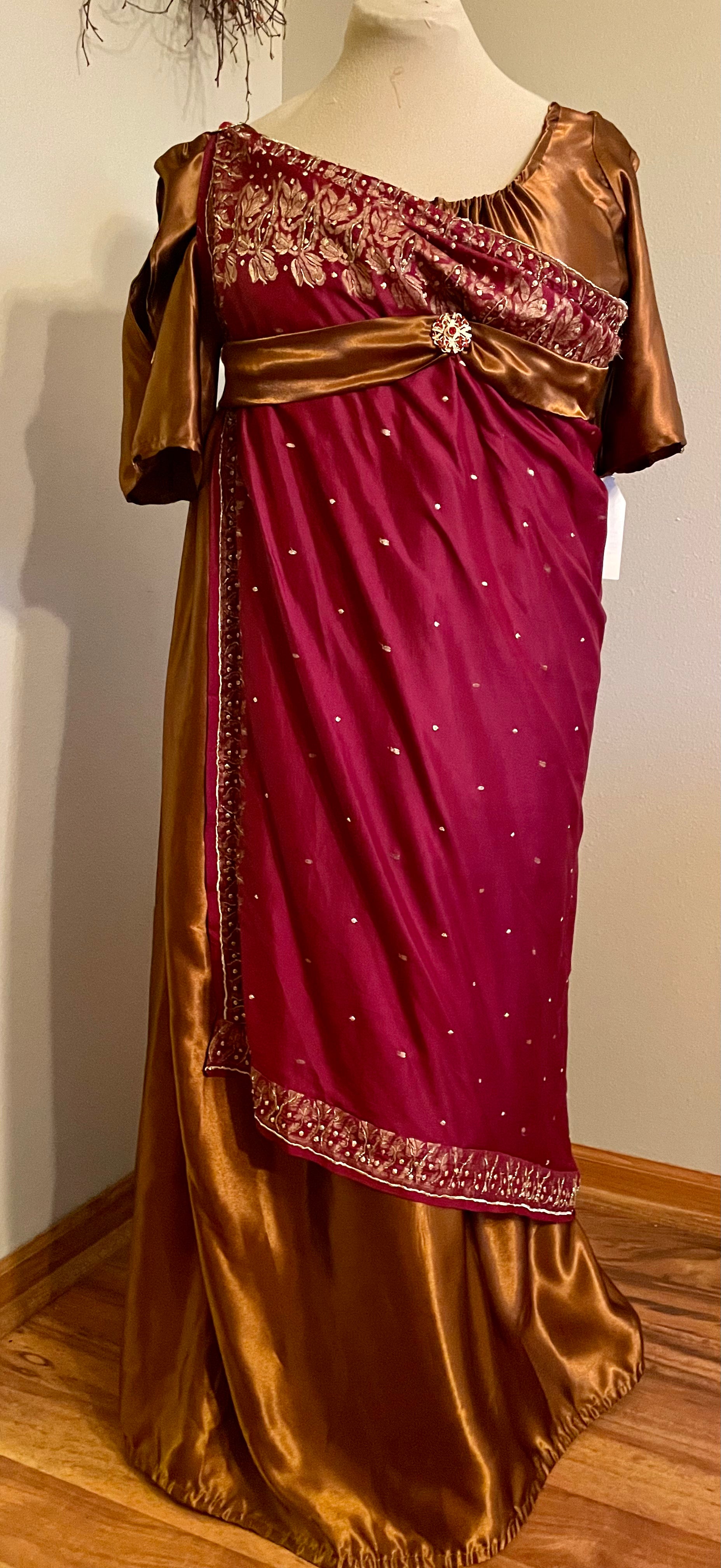 Burgundy Sari Copper Satin Regency Jane Austen Ball Gown Evening Dress Matti's Millinery & Costumes Burgundy Sari Copper Satin Regency Jane Austen Ball Gown Evening Dress Matti's Millinery & Costumes