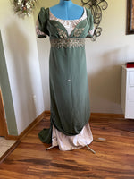 Load image into Gallery viewer, Greeen Regency Jane Austen Ball Gown Evening Dress in silk dupioni &amp; sari silk
