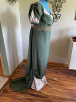 Load image into Gallery viewer, Greeen Regency Jane Austen Ball Gown Evening Dress in silk dupioni &amp; sari silk
