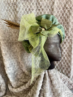 Load image into Gallery viewer, Regency Green Gold Jane Austen Hat Muffin Cap Tam Beret Turban hairpiece Ball headpiece
