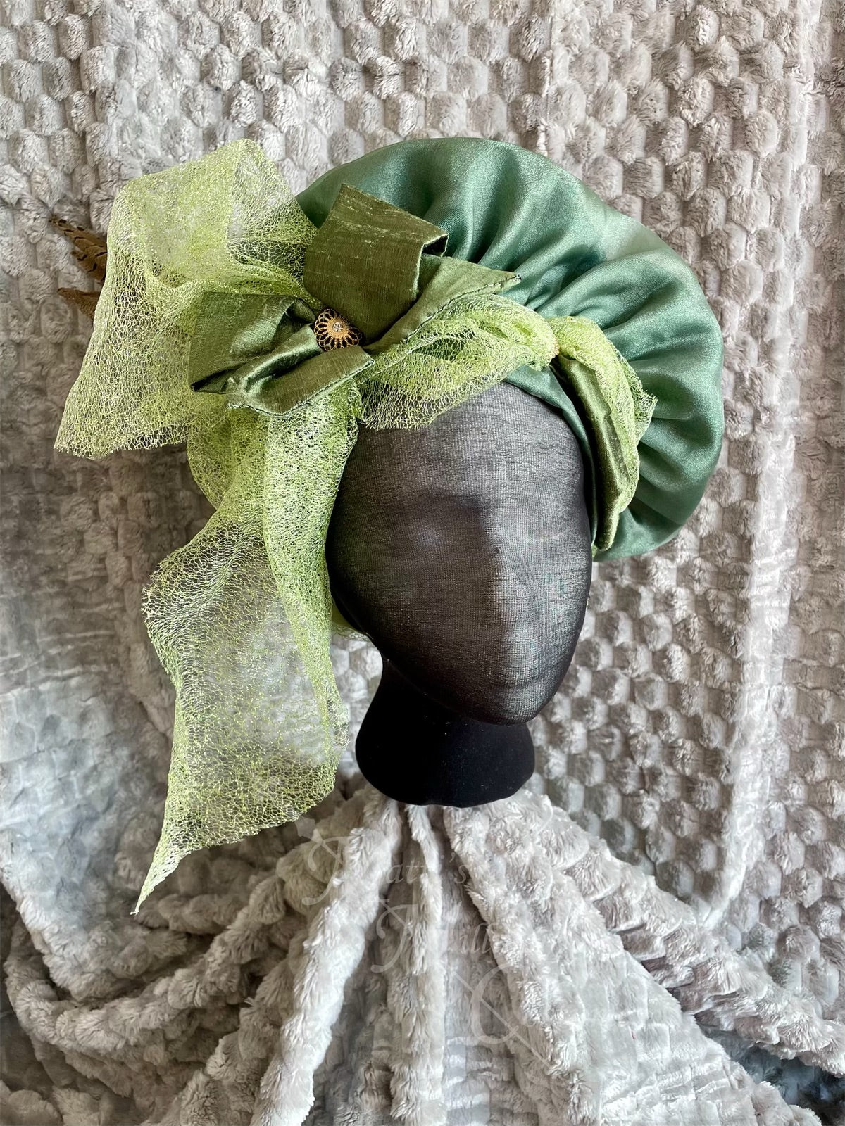 Regency Green Gold Jane Austen Hat Muffin Cap Tam Beret Turban hairpiece Ball headpiece