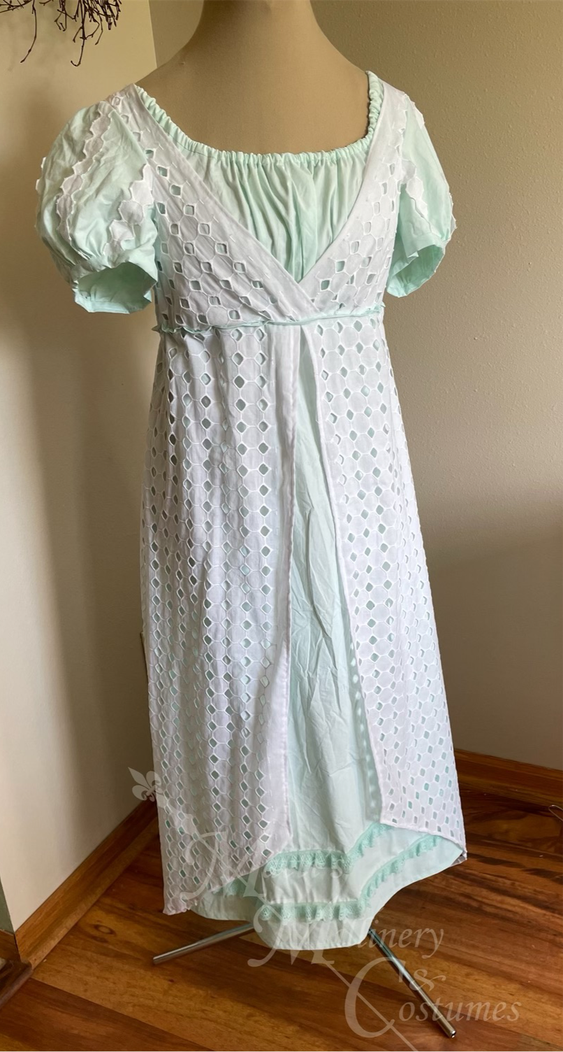 Aqua White Elegant Eyelet Cotton Regency Jane Austen Day Dress Gown Aqua White Elegant Eyelet Cotton Regency Jane Austen Day Dress Gown
