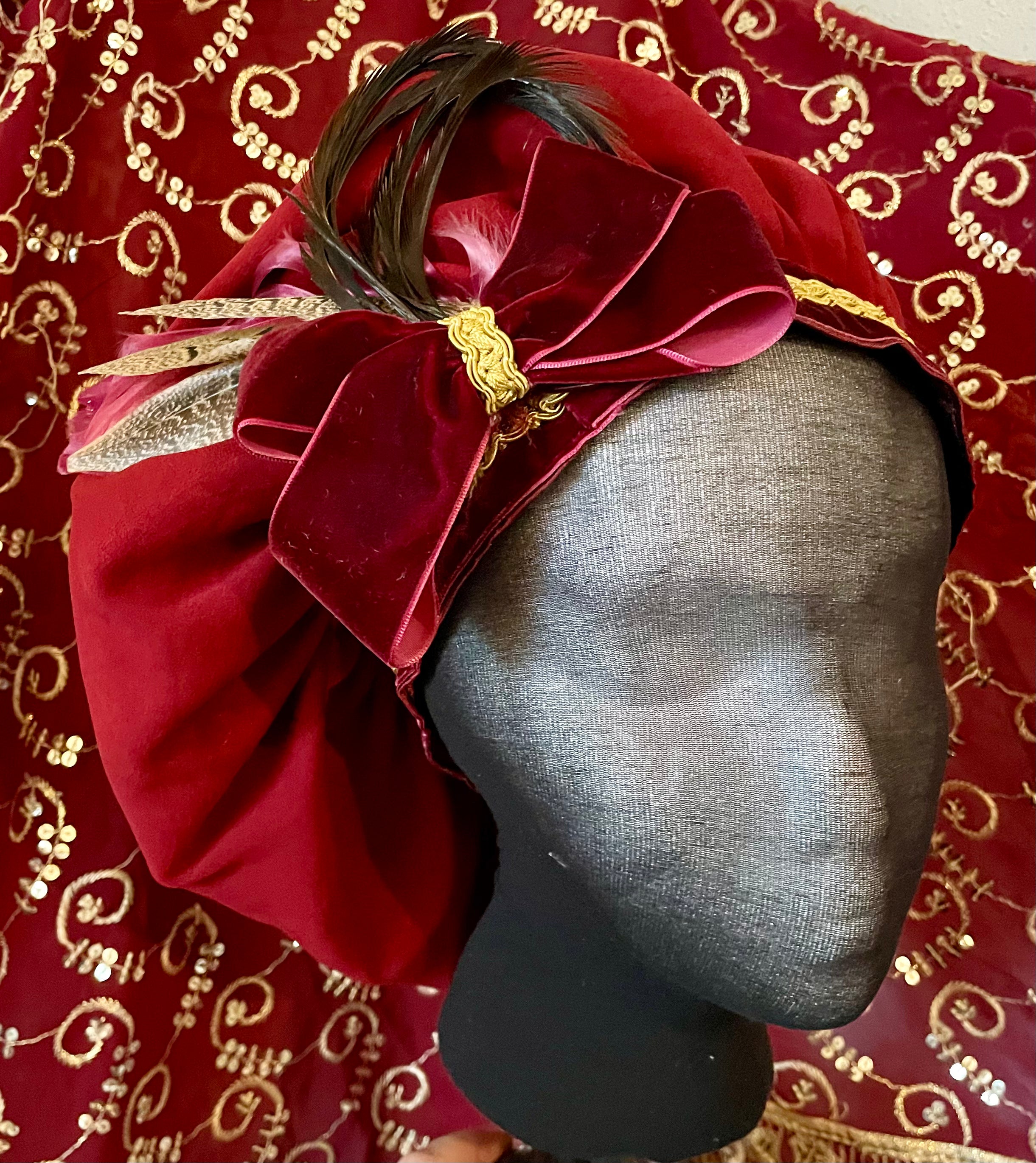 Custom Regency burgundy red Jane Austen Hat Muffin Cap Tam Beret Turban hairpiece Ball headpiece