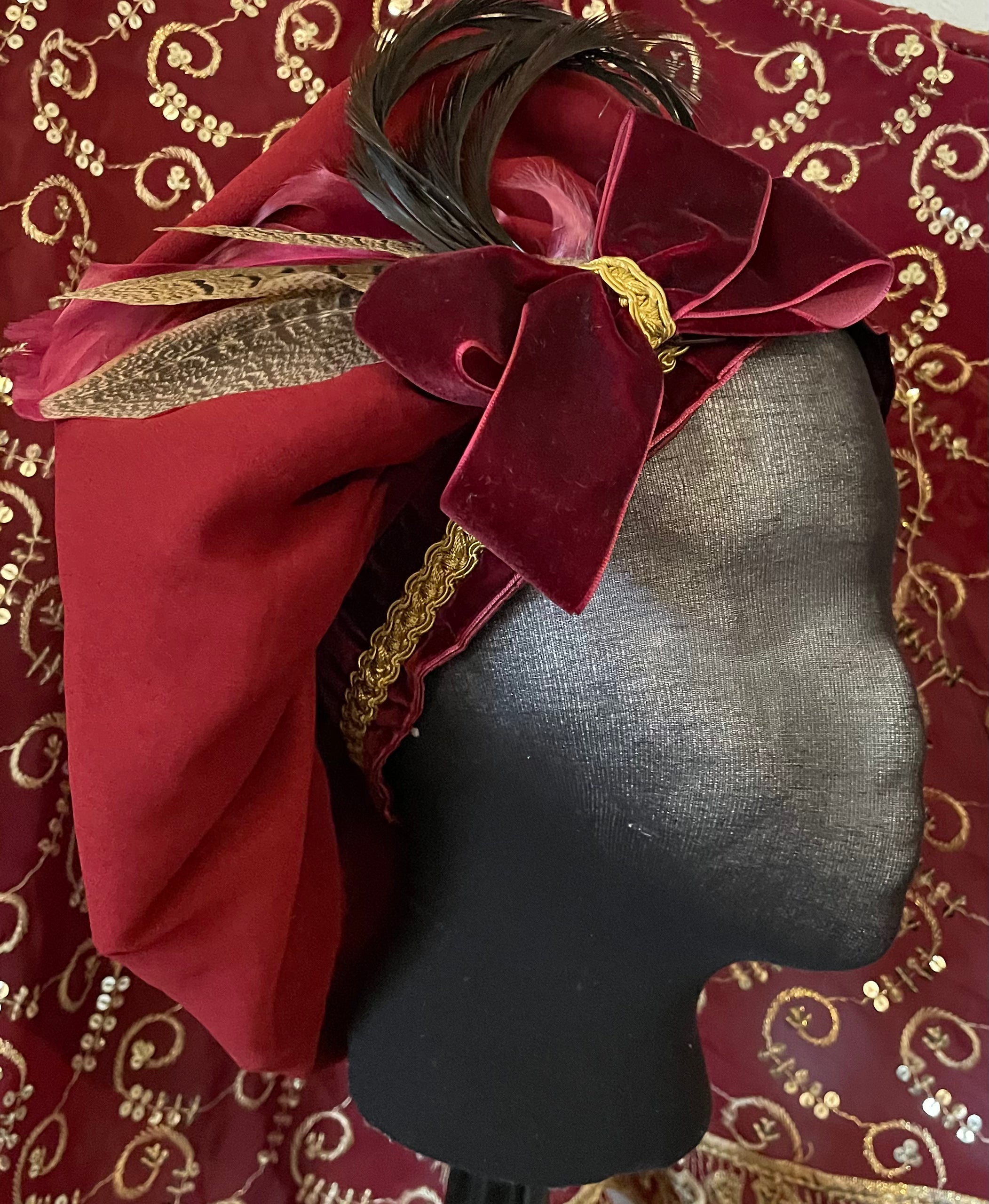 Custom Regency burgundy red Jane Austen Hat Muffin Cap Tam Beret Turban hairpiece Ball headpiece