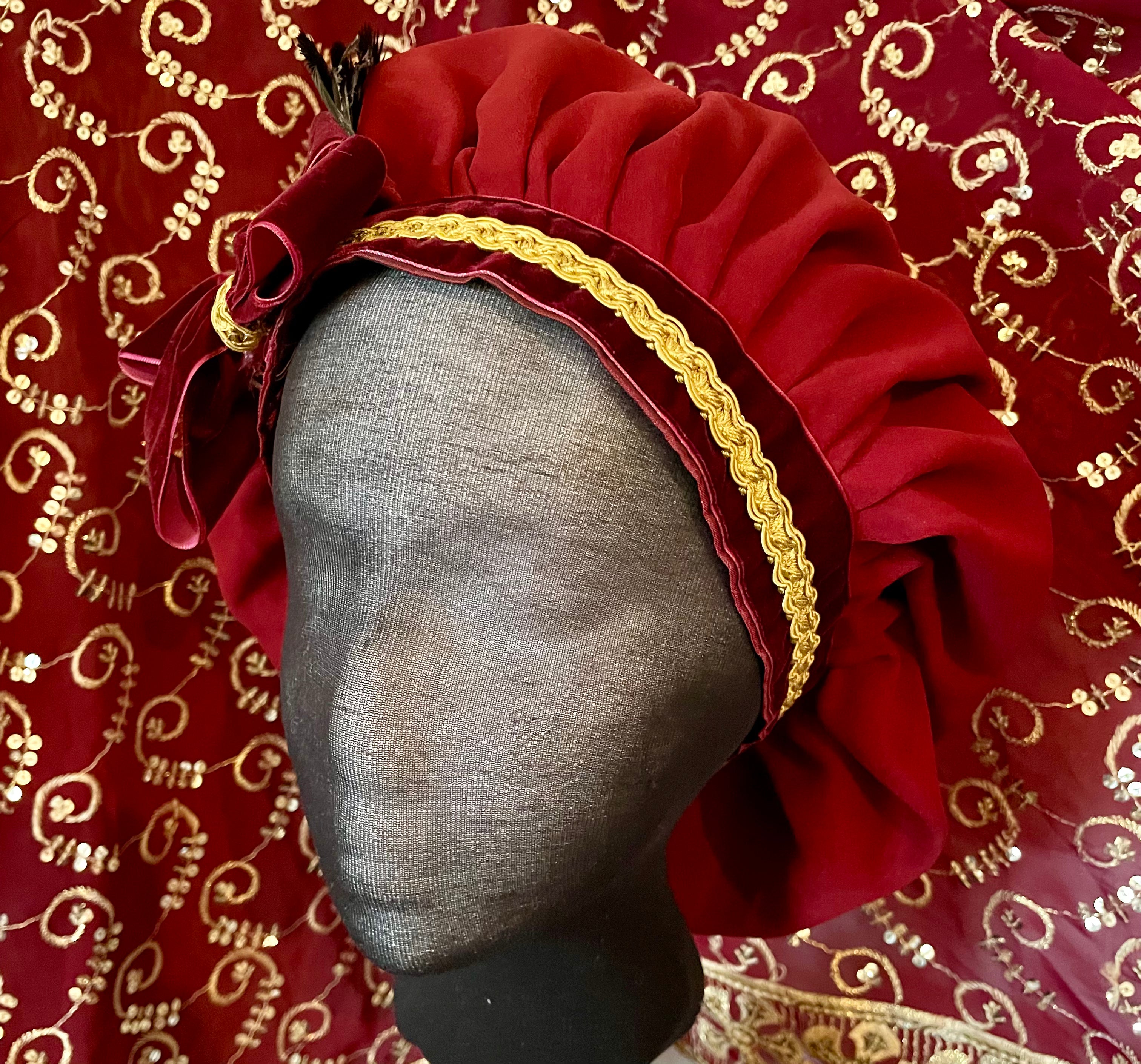 Custom Regency burgundy red Jane Austen Hat Muffin Cap Tam Beret Turban hairpiece Ball headpiece