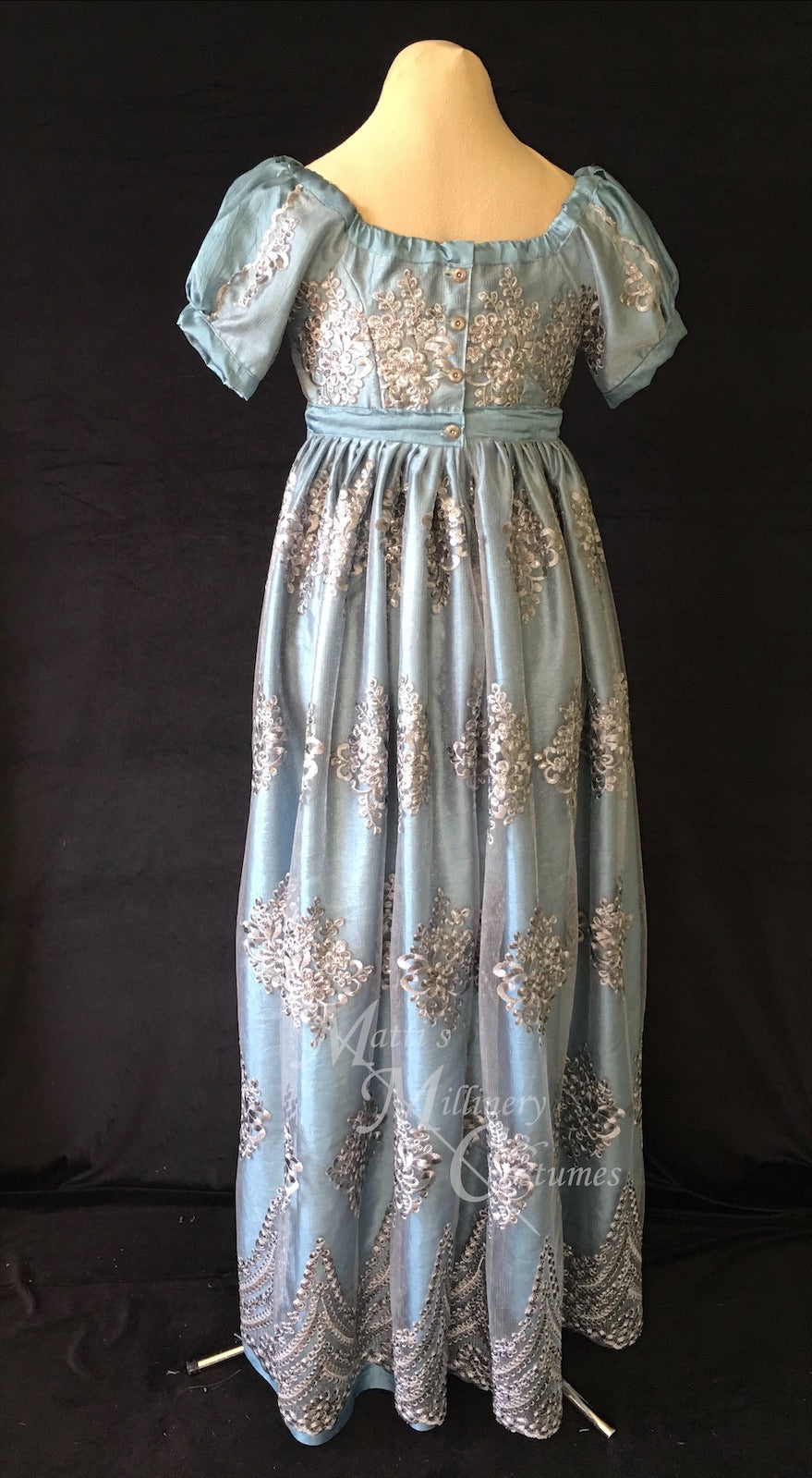 CUSTOM Silver BLUE Elegant Lace Net Regency Jane Austen Ball Dress Gown