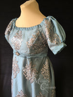 Load image into Gallery viewer, CUSTOM Silver BLUE Elegant Lace Net Regency Jane Austen Ball Dress Gown
