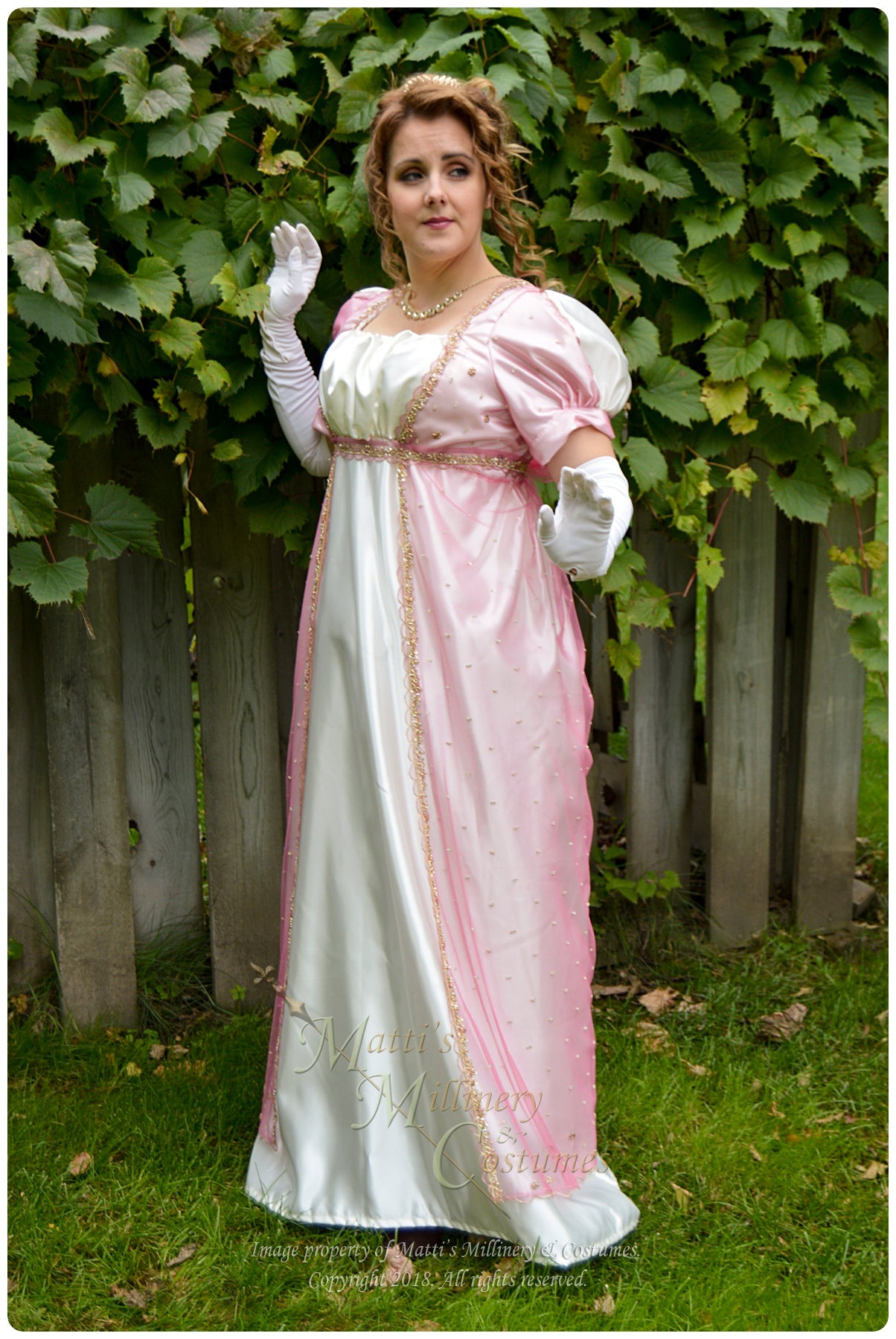 Pink Net Madeline Regency Jane Austen Ball Gown Evening Dress in satin Matti's Millinery & Costumes Pink Net Madeline Regency Jane Austen Ball Gown Evening Dress in satin Matti's Millinery & Costumes
