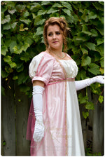 Load image into Gallery viewer, Pink Net Madeline Regency Jane Austen Ball Gown Evening Dress in satin &amp; sari net

