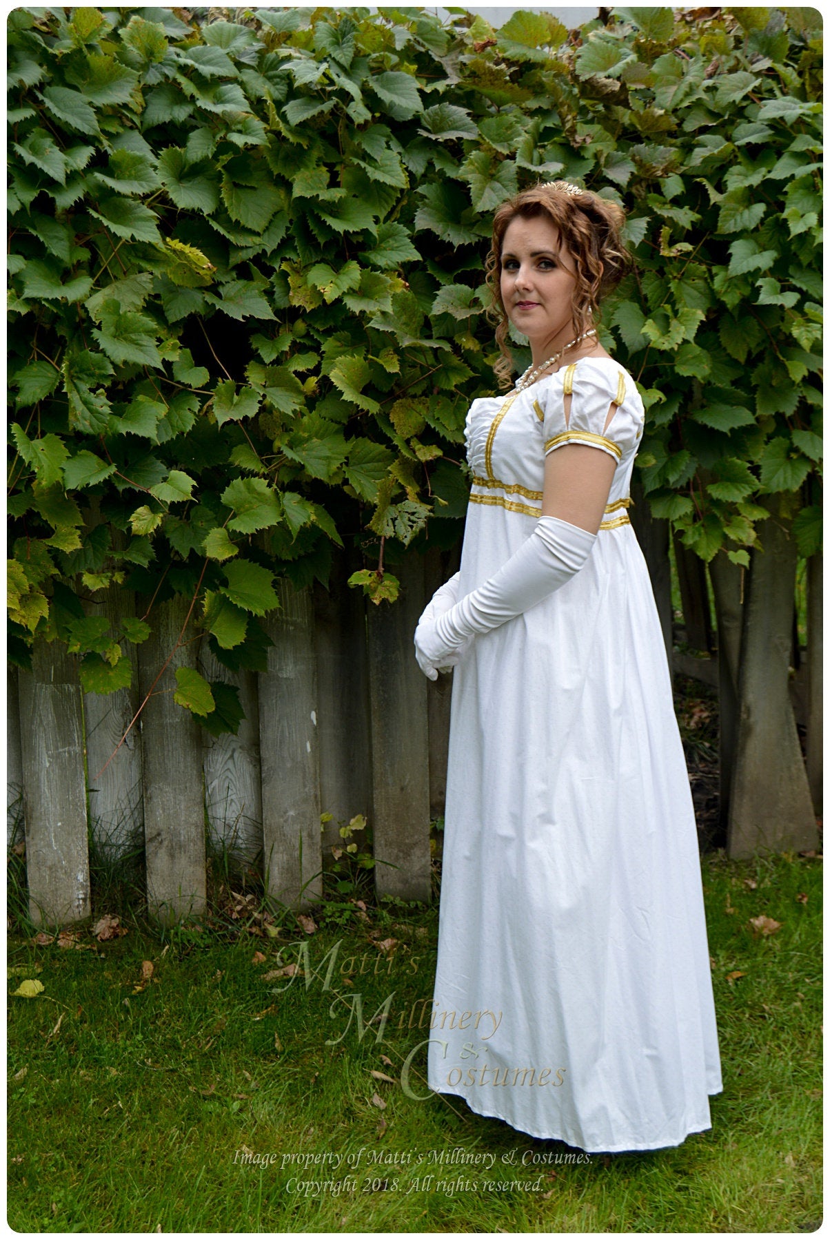 White Gold Cotton Jane Austen Style REGENCY Ball Day Gown Ball Dress front