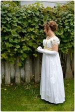 Load image into Gallery viewer, White Gold Cotton Jane Austen Style REGENCY Ball Day Gown Ball Dress front
