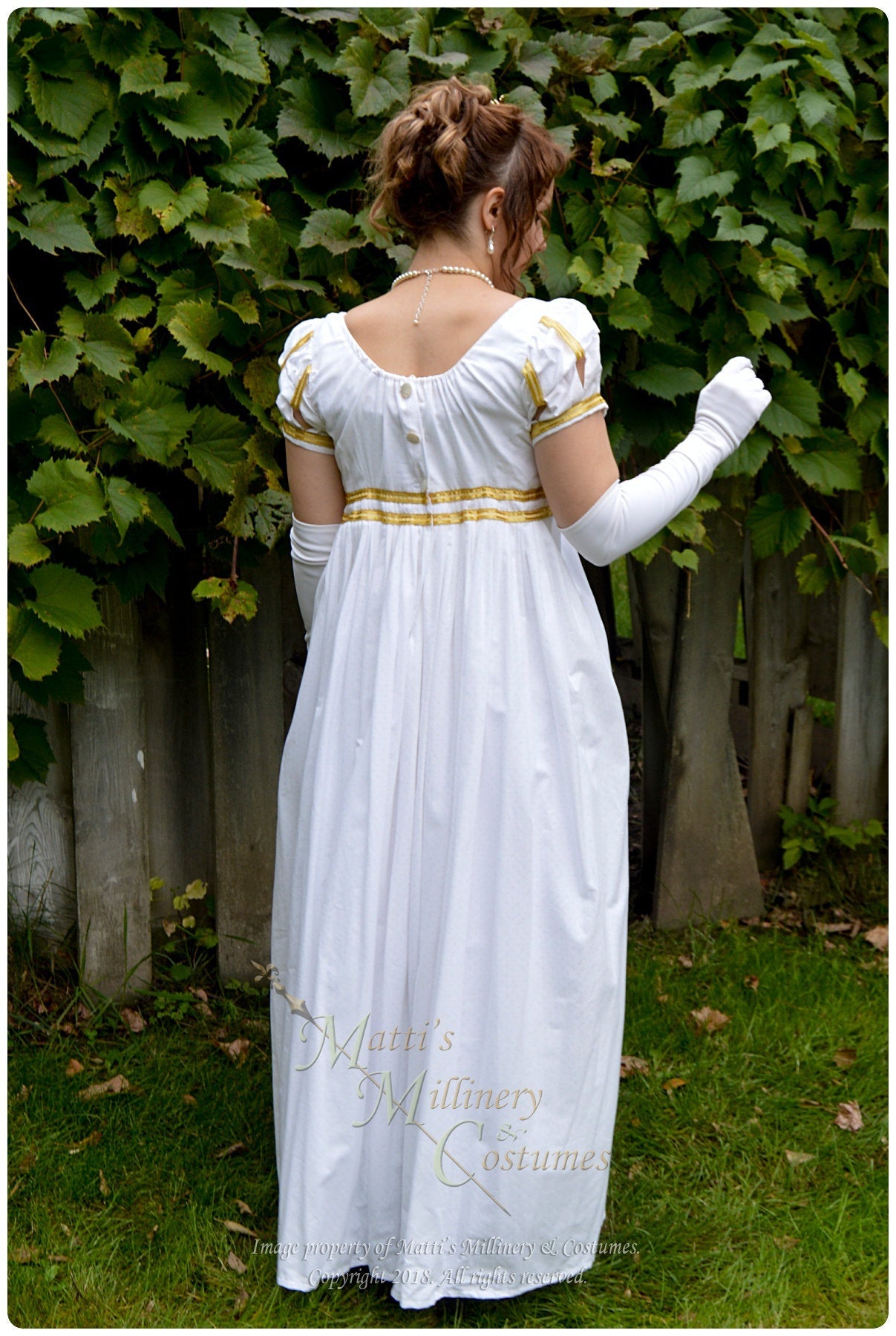 White Gold Cotton Jane Austen Style REGENCY Ball Day Gown Ball Dress front