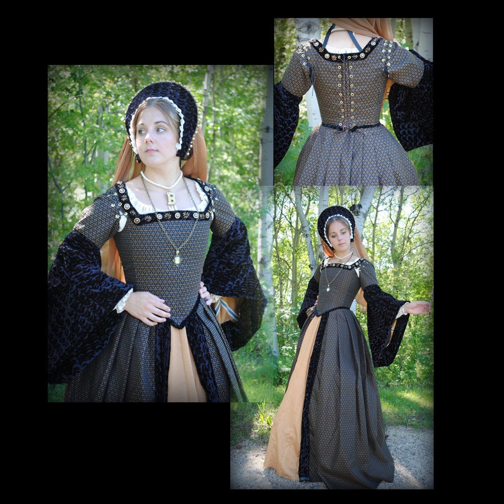 Renaissance Court Tudor dress costume in Black, Gold with 4 pieces by Matti's Millinery & Costumes Renaissance Court Tudor dress costume in Black, Gold with 4 pieces by Matti's Millinery & Costumes