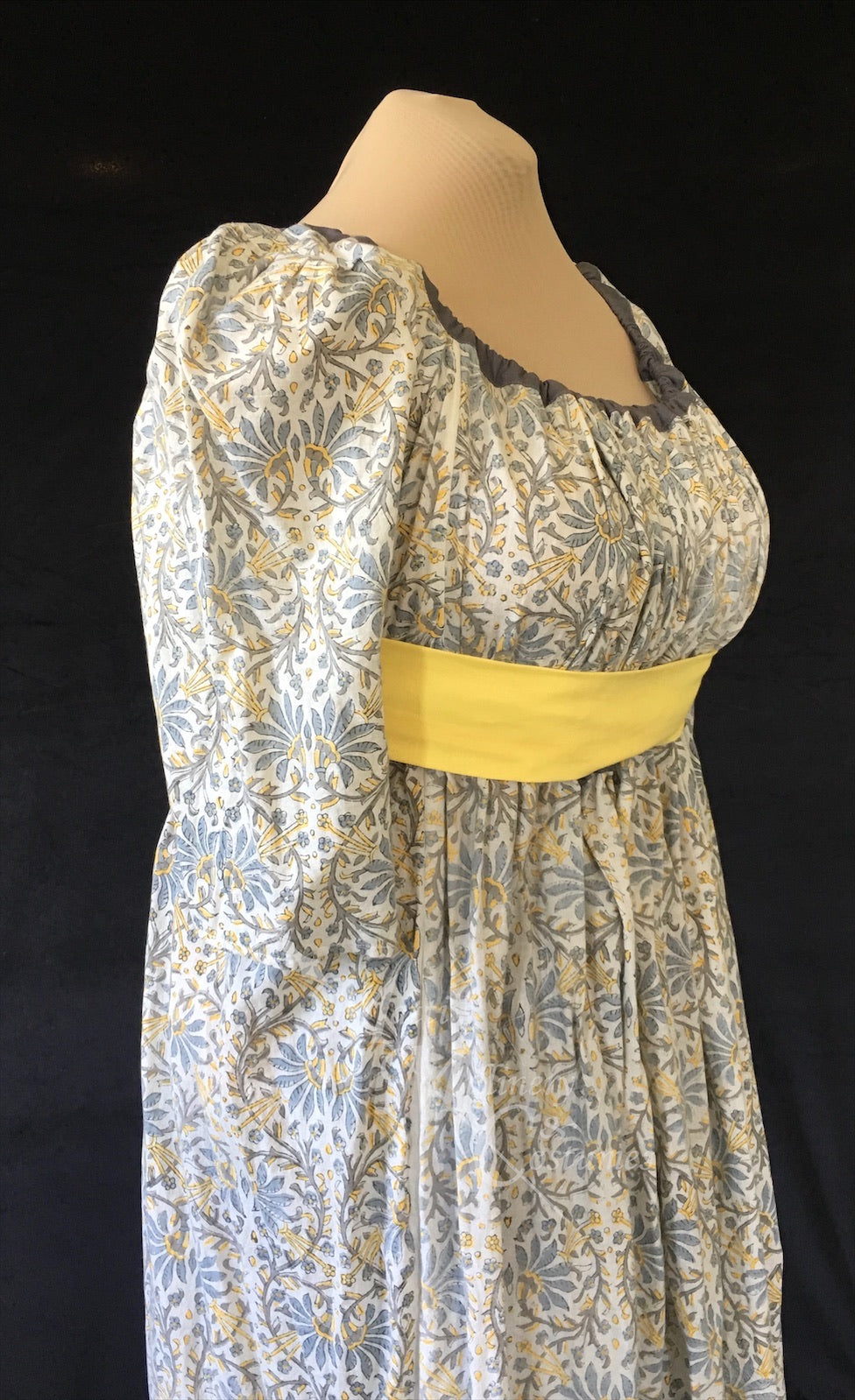 Magic Gray Yellow Block Print Cotton Regency Jane Austen Day Dress