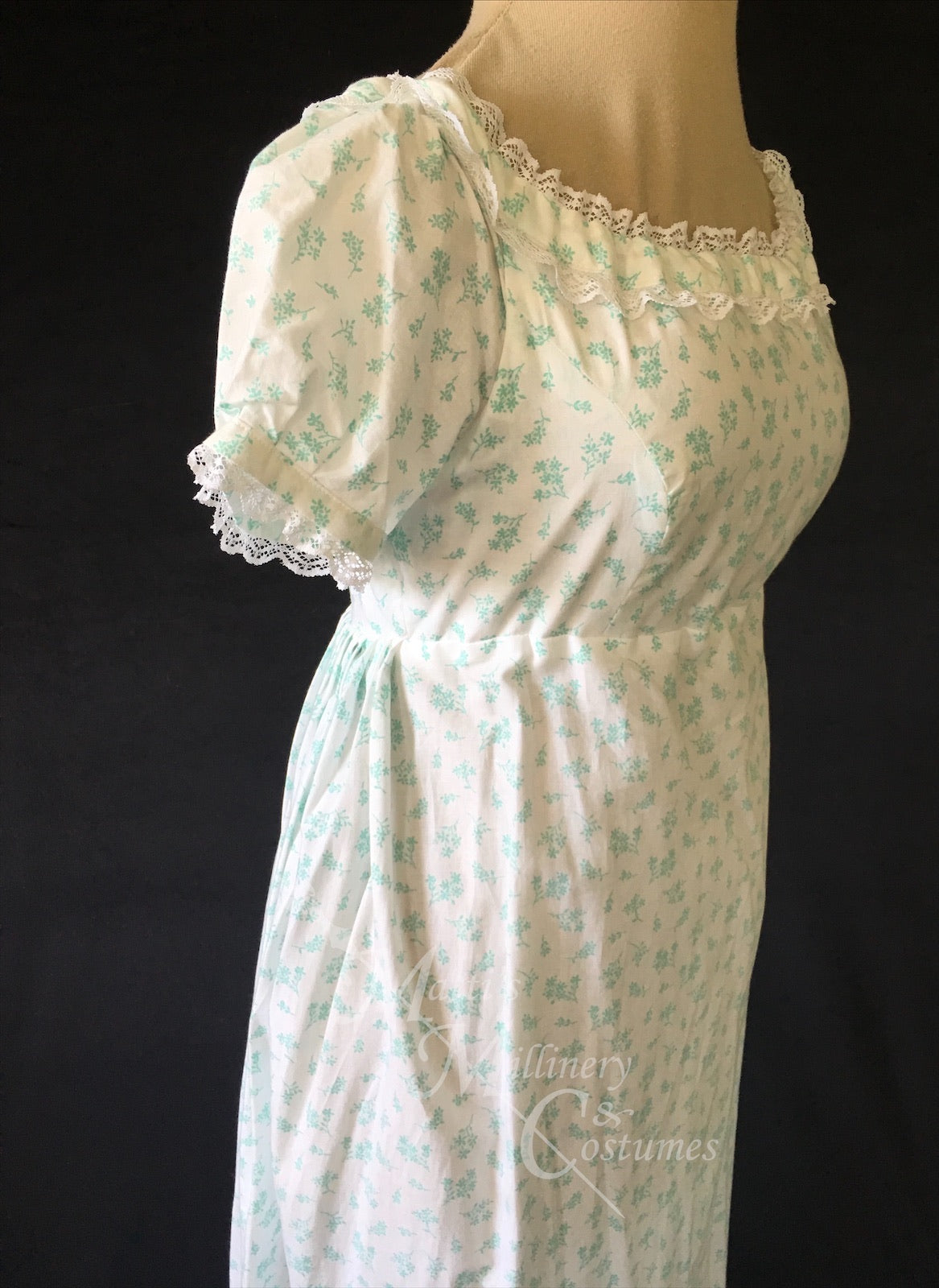 Cotton Regency Jane Austen Day Dress in mint green sprig print
