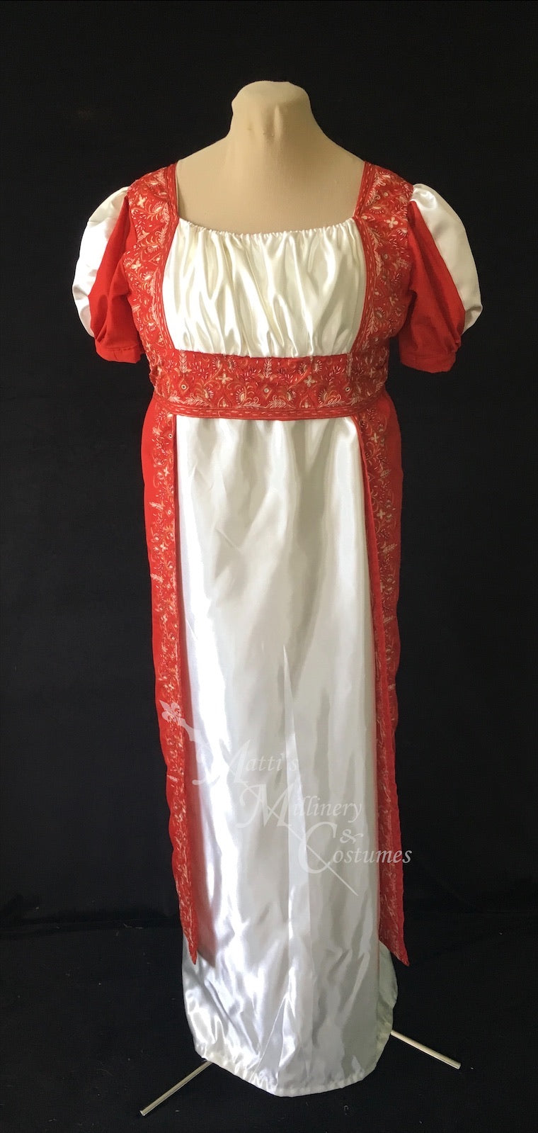 Madeline Regency Ball Dress in red silk embroidered sari and ivory satin