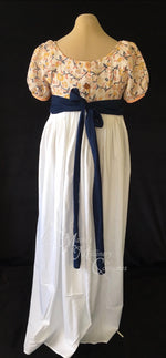 Load image into Gallery viewer, Peach Navy Illusion Block Print Cotton Regency Jane Austen Day Dress Gown
