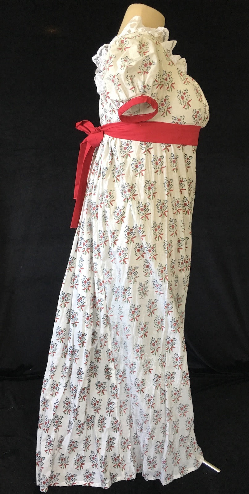 Red Berry Block Print Cotton Jane Austen Regency Day Dress Gown