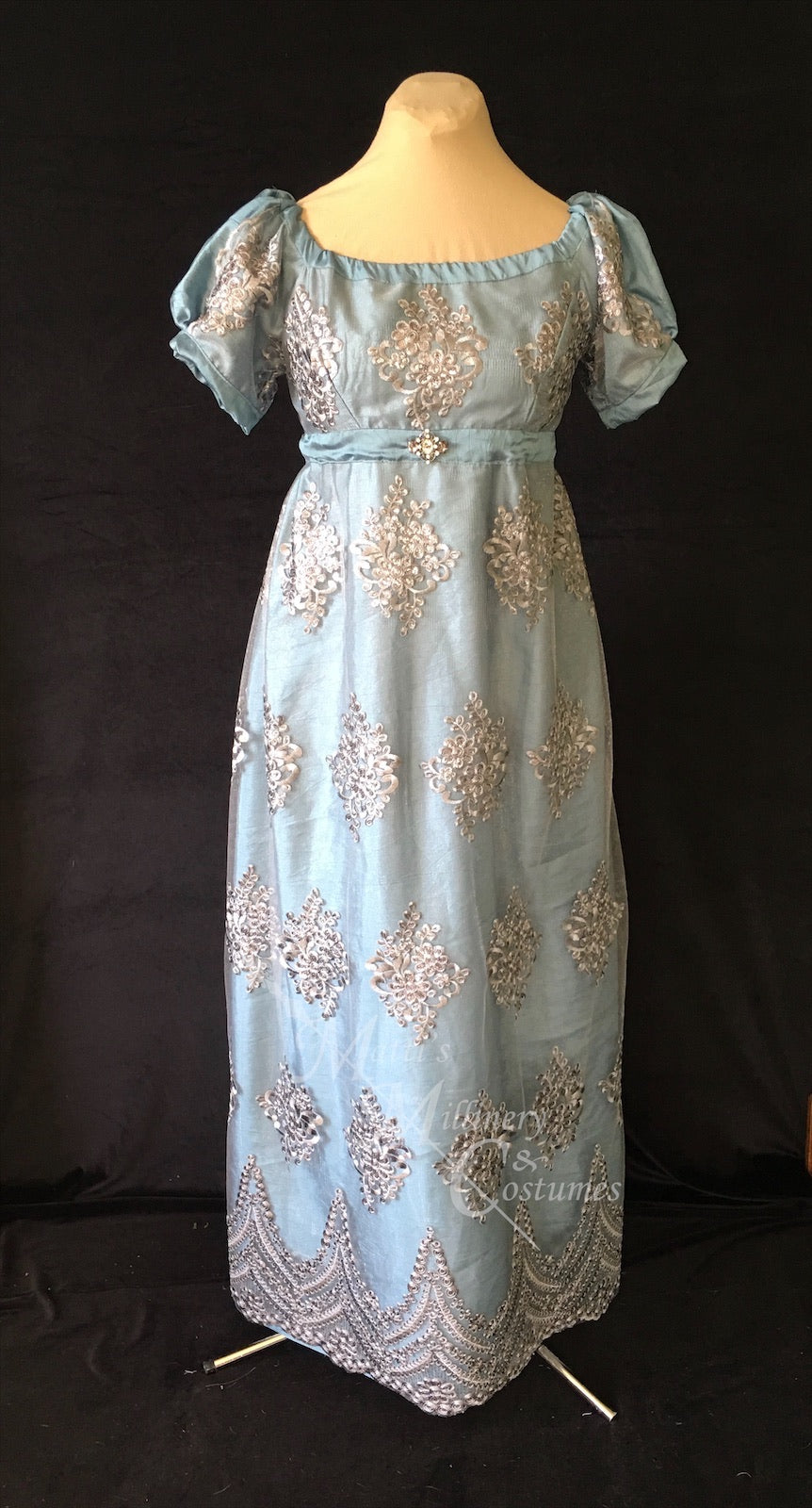lace regency dress Sky Blue Regency Lace Empire Long Dress VT1005 Size 14 / Blue