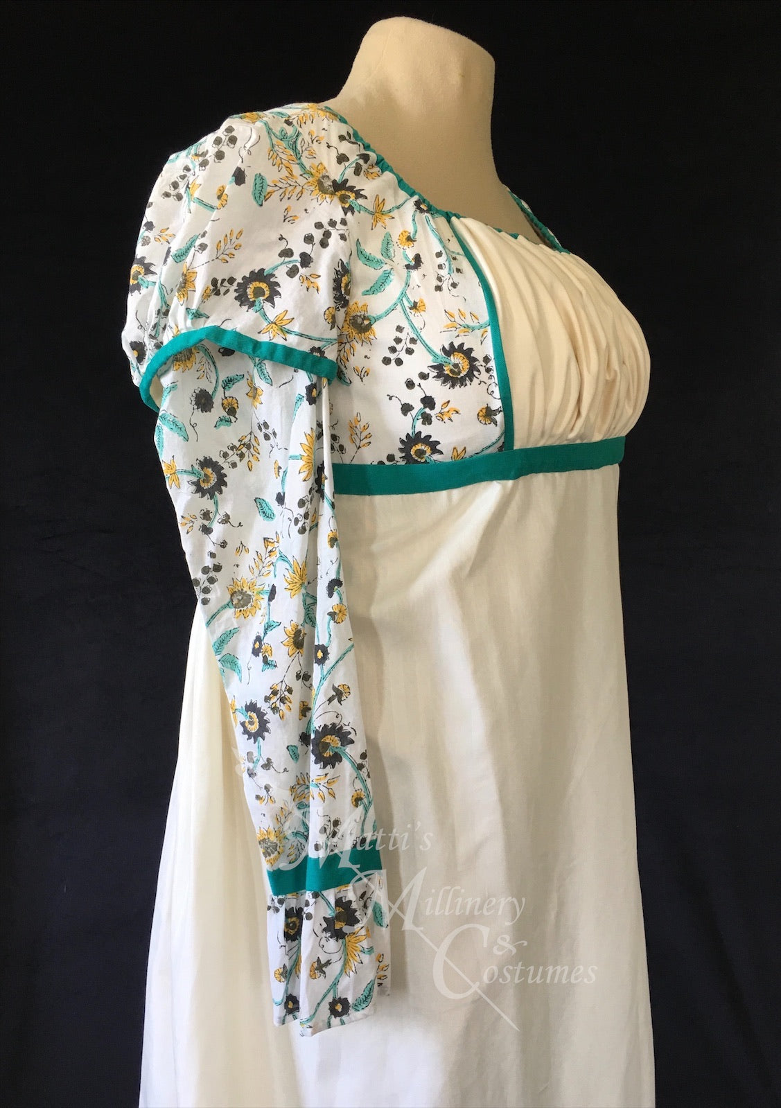 Teal Madeline Block Print Cotton Jane Austen Regency Day Dress Gown