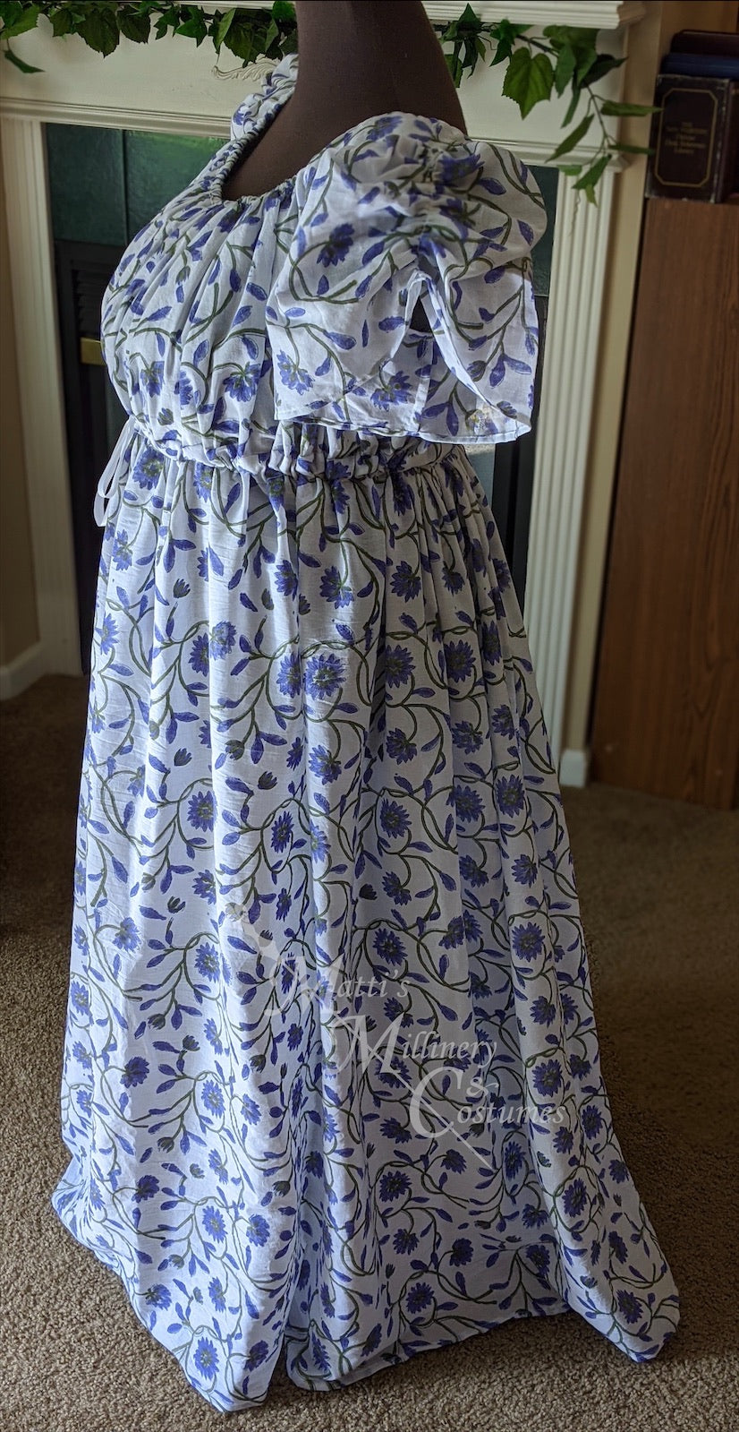 Periwinkle Green Magic Round Gown Block Print Cotton Regency Jane Austen Day Dress