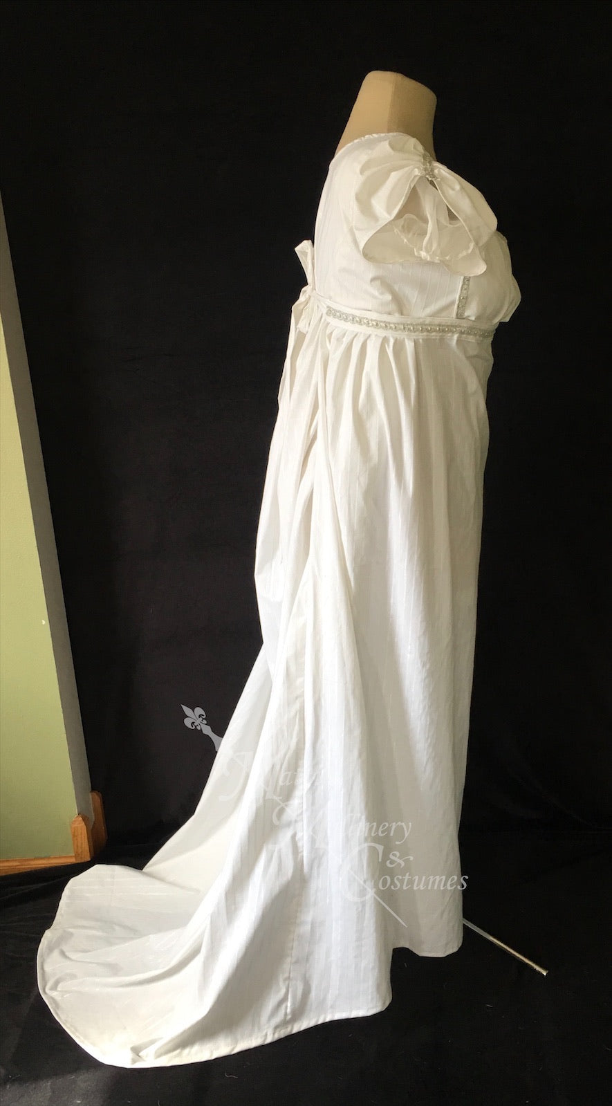 White Cotton Jane Austen Regency Drop Front Day Dress Matti's Millinery & Costumes White Cotton Jane Austen Regency Drop Front Day Dress Matti's Millinery & Costumes