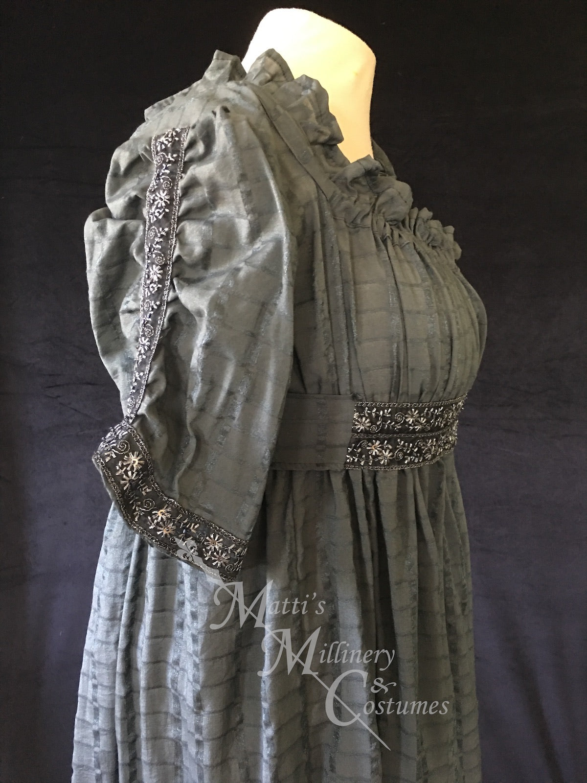 Magic Pewter 1790s Round Gown Jane Austen Regency Day Dress in cotton Matti's Millinery & Costumes Magic Pewter 1790s Round Gown Jane Austen Regency Day Dress in cotton Matti's Millinery & Costumes
