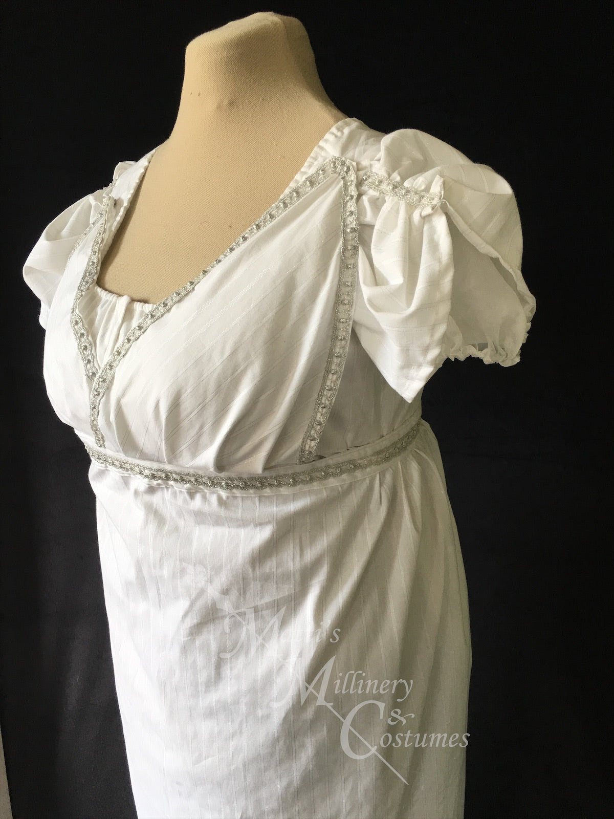 White Cotton Jane Austen Regency Drop Front Day Dress Matti's Millinery & Costumes White Cotton Jane Austen Regency Drop Front Day Dress Matti's Millinery & Costumes