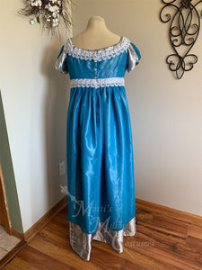 Teal Silver Elegant Regency Jane Austen Ball Gown Evening Dress in silk dupioni & sari silk